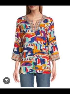 John Mark Multicolor Printed V-Neck Tunic in Blue, Orange, Purple, Yellow, Red